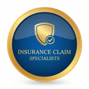 Insurance claim specialists emblem with shield icon.