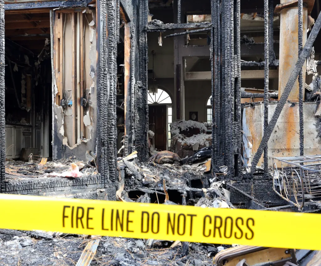 Burned interior of a house with caution tape