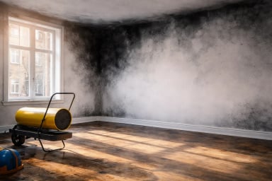 A yellow industrial heater in an empty room with a textured wall.