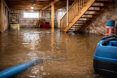 Flooded basement with a wet floor and pump