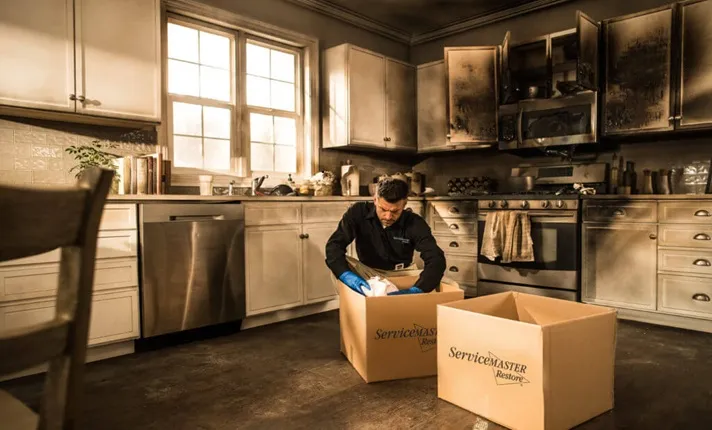 Man organizing boxes in a kitchen