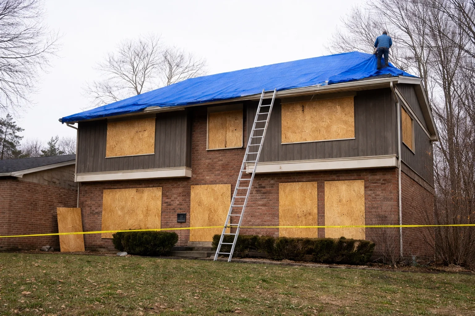 Worker covering damaged roof with blue tarp
